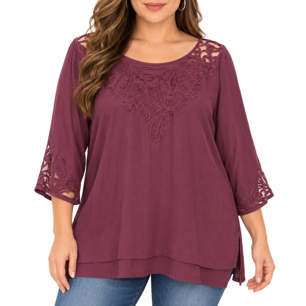 Soft Surroundings Womens Plus 1X Burgundy Paisley Lace Tunic Top Blouse